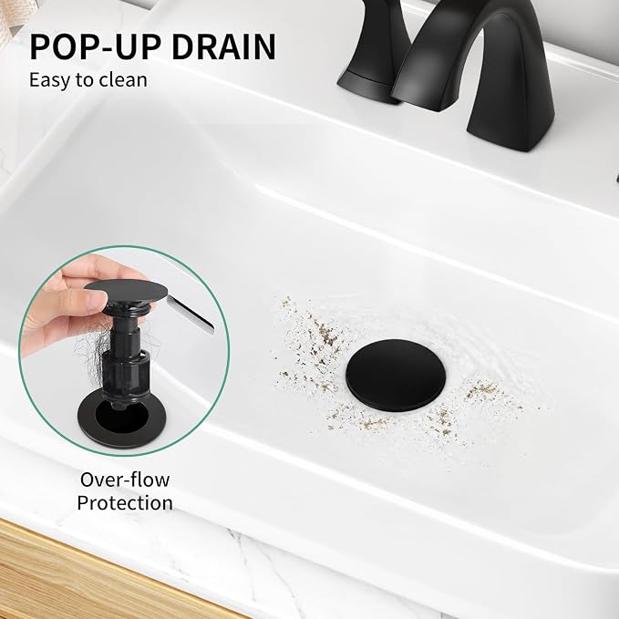 3-Hole Bathroom Sink Faucet - SR SUN RISE NSF Certified 8-inch Matte Black Faucets with Pop-up Drain Assembly, 2 Handles, 2 Water Supply Lines, Matte Black