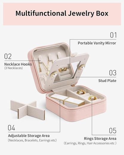 VLANDO Travel Jewelry Box, Small Jewelry Travel Organizer Case for Girls Women - Pink Mirror*6 pack | Necklace Hook for Anti-tangle, Removable Dividers, Waterproof PU Leather,Portable Storage for Rings, Necklace Gifts for Women
