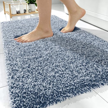 OLANLY Microfiber Bathroom Rugs 30x20, Quick Dry Bath Mat, Navy and White