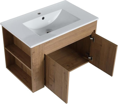 Henf 30 Inch Wall Mount Bathroom Vanity W/Sink Combo, Modern Design Vanity Cabinet with White Ceramic Basin, Floating Mounting Bathroom Cabinet Set with Double Doors and Adjustable Storage Shelf