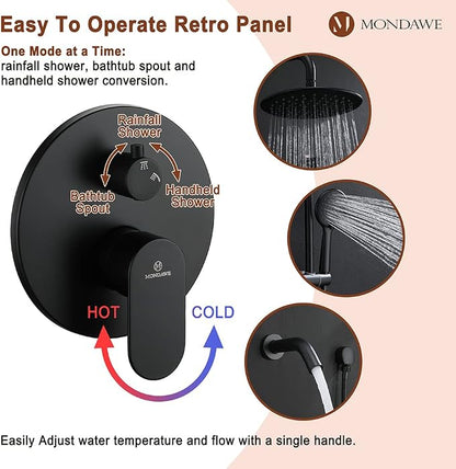 MONDAWE 9 Inch Wall Mounted Shower Faucet Set with Tub Spout in Matte Black, Rainfall Shower Head with 3-Setting Handheld Spray Shower Combo, High Pressure Shower System with Solid Brass Valve