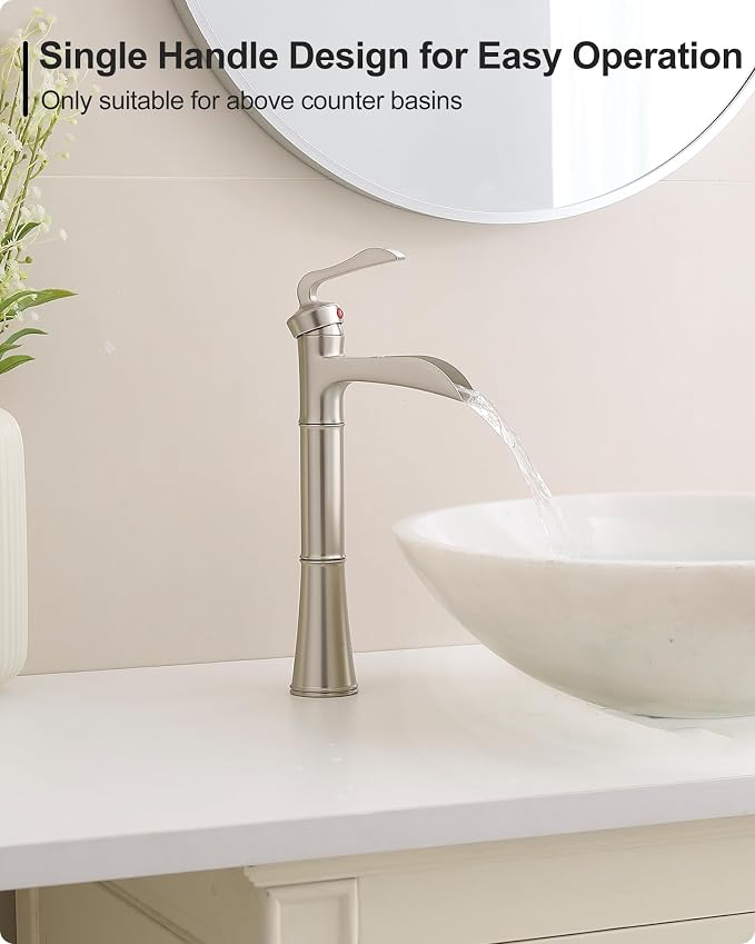 Brass Vessel Sink Faucet Brushed Nickel, Waterfall Bathroom Sink Faucet 1 Hole, Single Handle Bathroom Faucet, Tall Faucet for Bathroom Sink with Pop-Up Drain & Water Hoses for Save Water