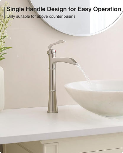 Brass Vessel Sink Faucet Brushed Nickel, Waterfall Bathroom Sink Faucet 1 Hole, Single Handle Bathroom Faucet, Tall Faucet for Bathroom Sink with Pop-Up Drain & Water Hoses for Save Water
