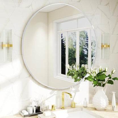 BEAUTYPEAK 30 Inch Round Mirror, Metal Frame Circle Mirror, White | Wall Mounted for Entryway, Bathroom, Vanity, Living Room