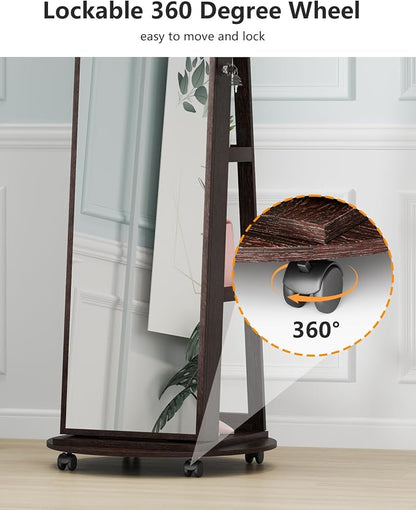 360 Rotating Jewelry Armoire Organizer with Lights, Lockable Cabinet Standing, Perfect for Christmas Gifts (Brown)