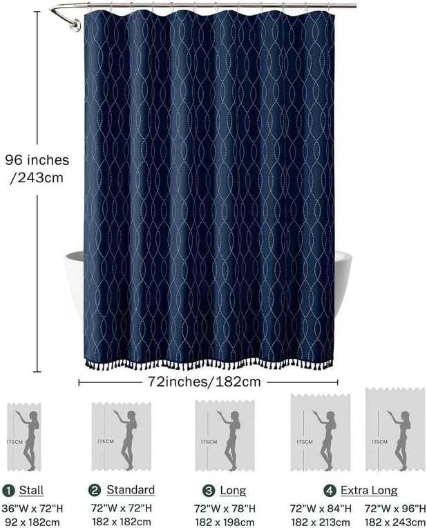 OVZME Extra Long Navy Blue Shower Curtain 96 Inch Long, Puff Printed Textured Shower Curtain with Tassels, Tall Farmhouse Geometry Bathroom Curtain, Water Resistant Fabric, 72Wx96L Inches