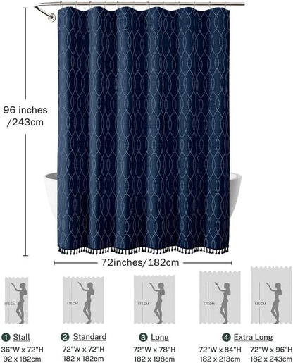 OVZME Extra Long Navy Blue Shower Curtain 96 Inch Long, Puff Printed Textured Shower Curtain with Tassels, Tall Farmhouse Geometry Bathroom Curtain, Water Resistant Fabric, 72Wx96L Inches
