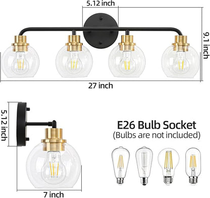 4 Light Bathroom Vanity Light, Black and Gold Bathroom Light Fixtures | with Clear Glass Shade Modern Wall Sconces Lighting Bath Wall Lights Lamp for Mirror Kitchen Living Room Bedroom Hallway