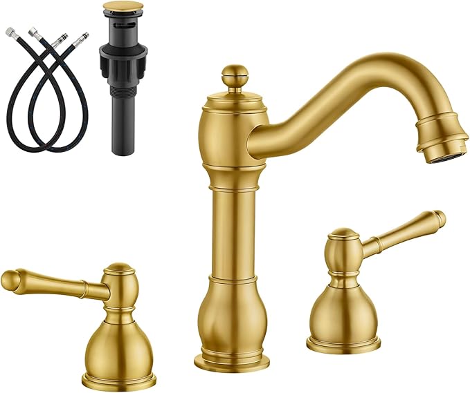 gotonovo 8 Inch Widespread Bathroom Faucets for Sink 3 Hole 2 Lever Handle Deck Mount with Pop Up Drain Hot and Cold Water Supply Lines Brushed Gold