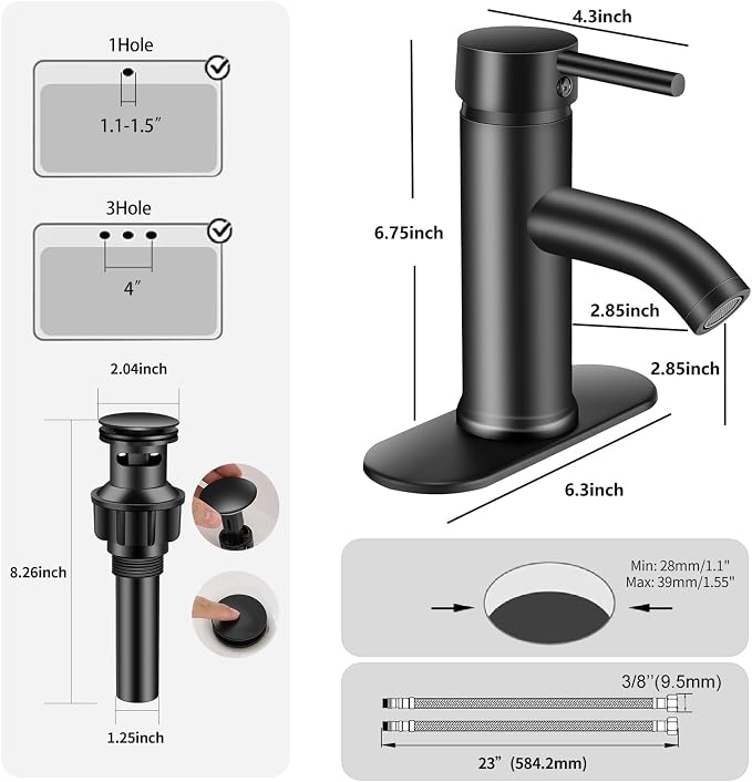 Matte Black Bathroom Faucets Single Hole Bathroom Sink Faucet | Modern Single Handle Bathroom Faucte 1 or 3 Hole, RV Sink Vanity Faucet (with Drain, Black)
