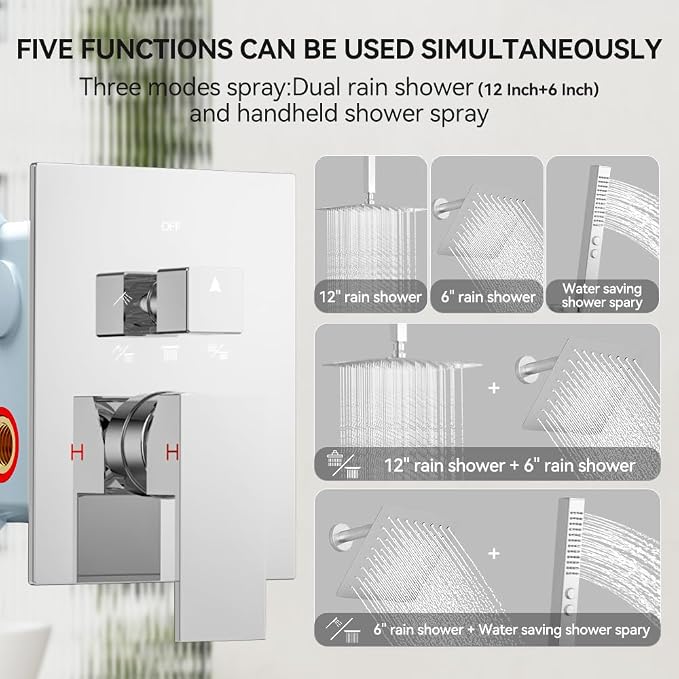Shower System Shower Faucet Set, STARBATH 12"+6" Ceiling Mount Rain Shower Head and Handheld Spray for Two Person, Rainfall Shower System with Diverter Valve and Trim Kit Complete,Chrome