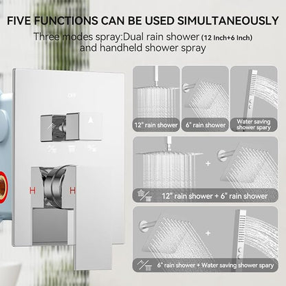 Shower System Shower Faucet Set, STARBATH 12"+6" Ceiling Mount Rain Shower Head and Handheld Spray for Two Person, Rainfall Shower System with Diverter Valve and Trim Kit Complete,Chrome