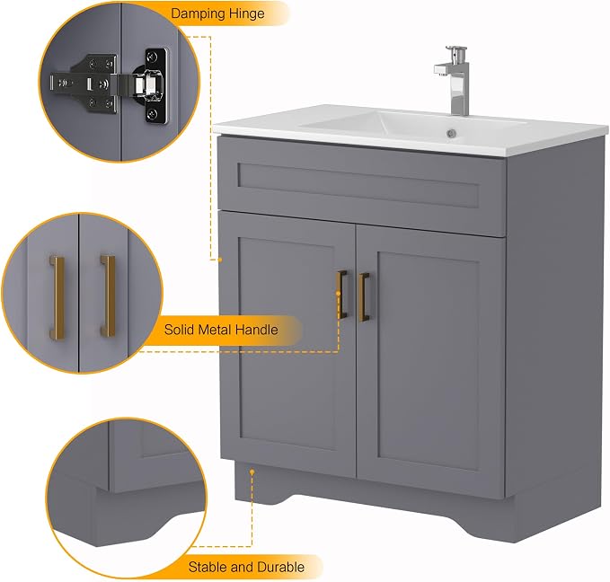30 Inch Bathroom Vanity, Wooden Double Door Bathroom Sink Storage Cabinet, Freestanding Modern Bathroom Vanity Without Sink (Grey No Sink, 30")