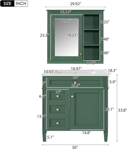 Merax 30 Inch Bathroom Vanity with Sink Set, Modern Bathroom Vanity Storage Cabinet with Matching Mirror Medicine Cabinet, Solid Wood Frame，Painted Finish, 2 Drawers and 1 Tip-Out Drawer, Green