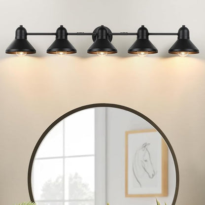 Bairth Bathroom Light Fixtures,5-Light Black Metal Vanity Light Over Mirror | Farmhouse Rustic Industrial Bathroom Vanity Light, Modern Bathroom Lights with Metal Shade for Living Room Cabinet Hallway