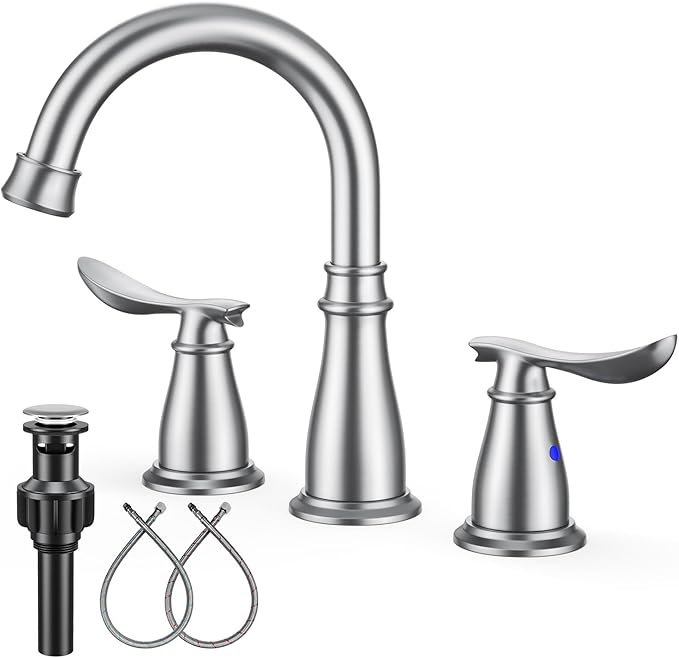 Bathroom Faucets for Sink 3 Hole, 4 Inch Brushed Nickel Faucet Bathroom with 2 Hot/Cold Handles, Pop-Up Drain, Lead-Free, No-Leak, RV Sink Faucet for Bath, Camper