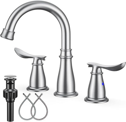 Bathroom Faucets for Sink 3 Hole, 4 Inch Brushed Nickel Faucet Bathroom with 2 Hot/Cold Handles, Pop-Up Drain, Lead-Free, No-Leak, RV Sink Faucet for Bath, Camper