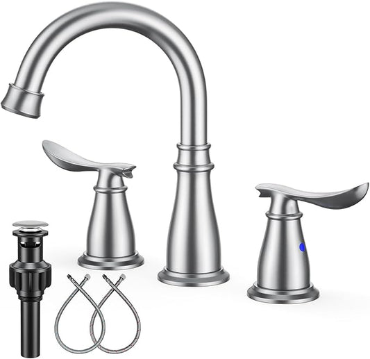 Bathroom Faucets for Sink 3 Hole, 4 Inch Brushed Nickel Faucet Bathroom with 2 Hot/Cold Handles, Pop-Up Drain, Lead-Free, No-Leak, RV Sink Faucet for Bath, Camper