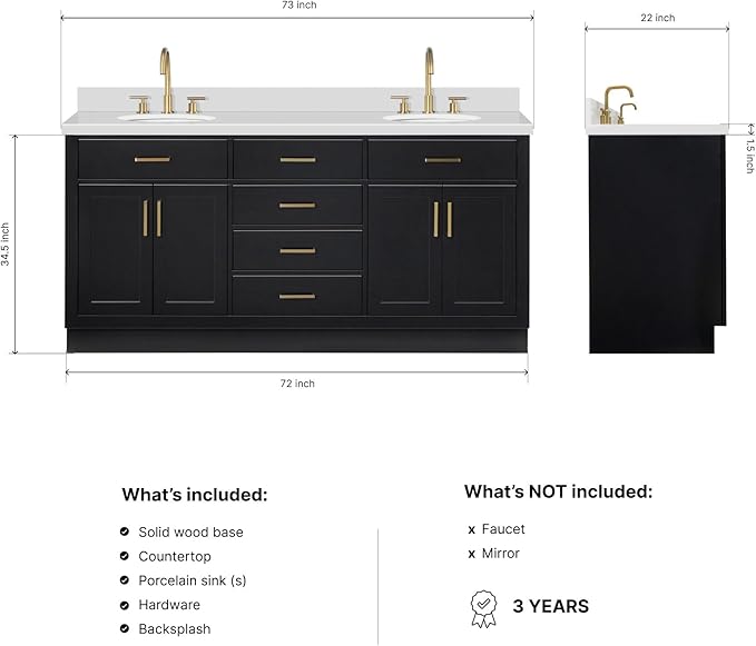 ARIEL Hepburn 72-inch Bathroom Vanity with Sink,Solid Wood, 1.5-inch Pure White Quartz Countertop & Backsplash, Double Oval Porcelain Sink, 4 Soft Closing Doors, 6 Dovetail Drawers, Black