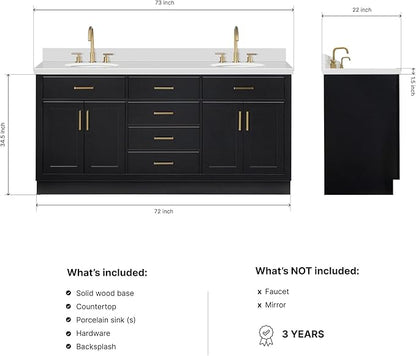ARIEL Hepburn 72-inch Bathroom Vanity with Sink,Solid Wood, 1.5-inch Pure White Quartz Countertop & Backsplash, Double Oval Porcelain Sink, 4 Soft Closing Doors, 6 Dovetail Drawers, Black