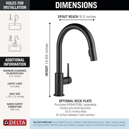 Delta Trinsic Matte Black Kitchen Faucet with Pull Down Sprayer, Modern Single Hole Kitchen Sink Faucet, Single Handle, Matte Black 9159-BL-DST