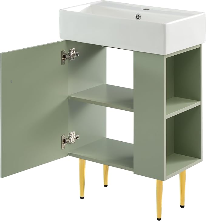 Merax Bathroom Vanity with Ceramic Sink, 21.6" Freestanding Bathroom Cabinet Vanity with Storage, Single Sink Small Vanity, Green