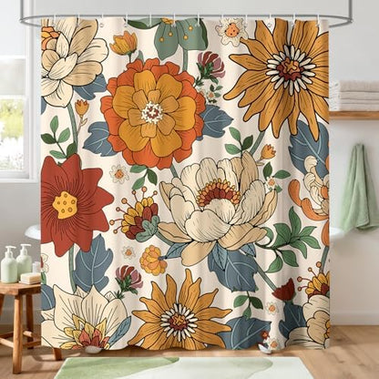 Orange Boho Floral Shower Curtain for Bathroom 72 x 72 inch