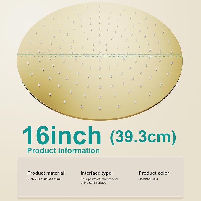 All Metal Rain Shower Head - Heavy Duty Stainless Steel, Easy Install, High Water Flow, Ultra-Thin Modern Design for Bathroom (F-Brushed Gold, 16)