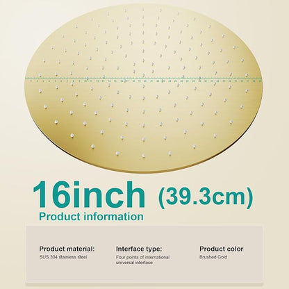 All Metal Rain Shower Head - Heavy Duty Stainless Steel, Easy Install, High Water Flow, Ultra-Thin Modern Design for Bathroom (F-Brushed Gold, 16)