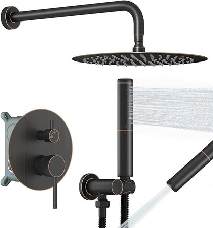 BESy Shower System with 10 Inch Round Rain Shower Head and Handheld Wall Mounted, High Pressure Rainfall Shower Faucet Fixture Combo Set with 2 in 1 Handheld Showerhead for Bathroom, Bronze