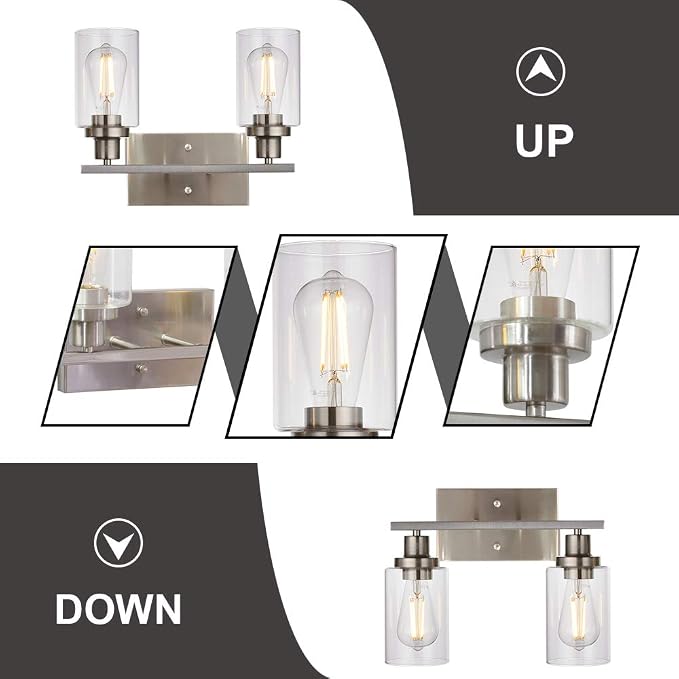 MELUCEE 2 Heads Bathroom Light Fixtures Brushed Nickel | Metal Wall Lights with Clear Glass Shade Modern Vanity Lights Sconces for Hallway Bedroom Kitchen (Patent No.: US D963914 S)