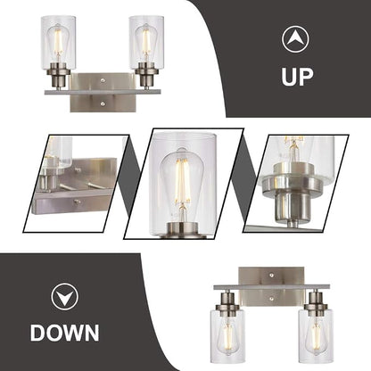 MELUCEE 2 Heads Bathroom Light Fixtures Brushed Nickel | Metal Wall Lights with Clear Glass Shade Modern Vanity Lights Sconces for Hallway Bedroom Kitchen (Patent No.: US D963914 S)