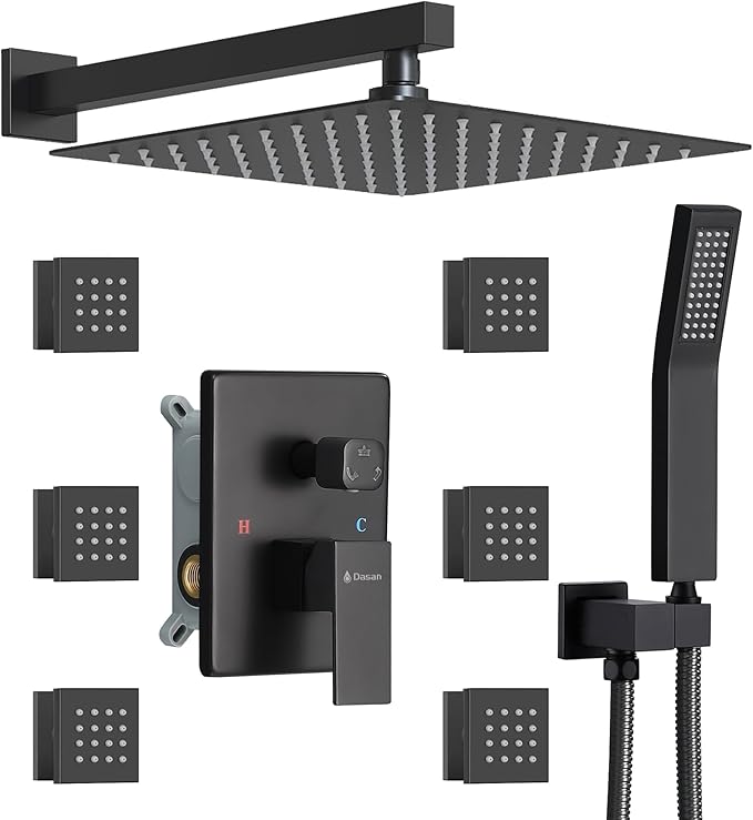 DASAN Full Body Shower System with 6 PCS Body Spray Jets & 12'' Rain Overhead Shower & Handheld, In-Wall Rain Shower System Matte Black Shower Faucets Sets Complete with Valve, SA-SS03AMB-S12W