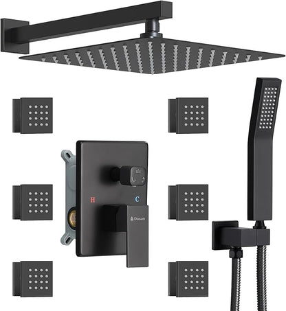 DASAN Full Body Shower System with 6 PCS Body Spray Jets & 12'' Rain Overhead Shower & Handheld, In-Wall Rain Shower System Matte Black Shower Faucets Sets Complete with Valve, SA-SS03AMB-S12W