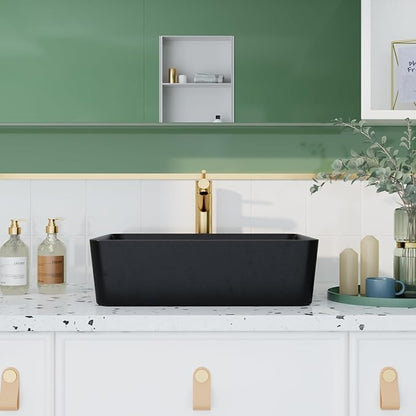 DeerValley Ally 19x15 Inch Matte Black Rectangular Vessel Sink, Above Counter Ceramic Bathroom Basin, DV-2V031