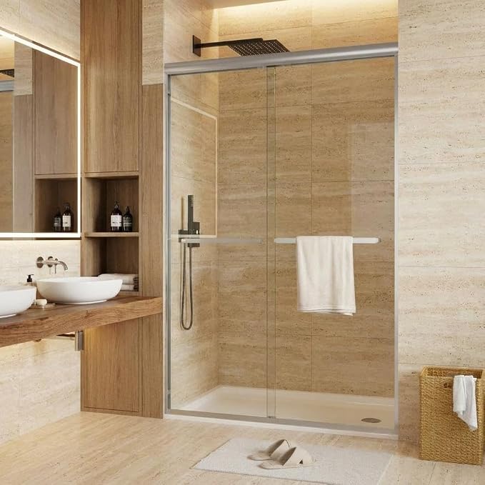 50-60" W x 72" H Aluminum Alloy Sliding Shower Door, Dual 5/16" (8mm) Tempered Glass with Easy-Clean Coating, Brushed Nickel Frameless Bypass Door for Bathroom Remodel