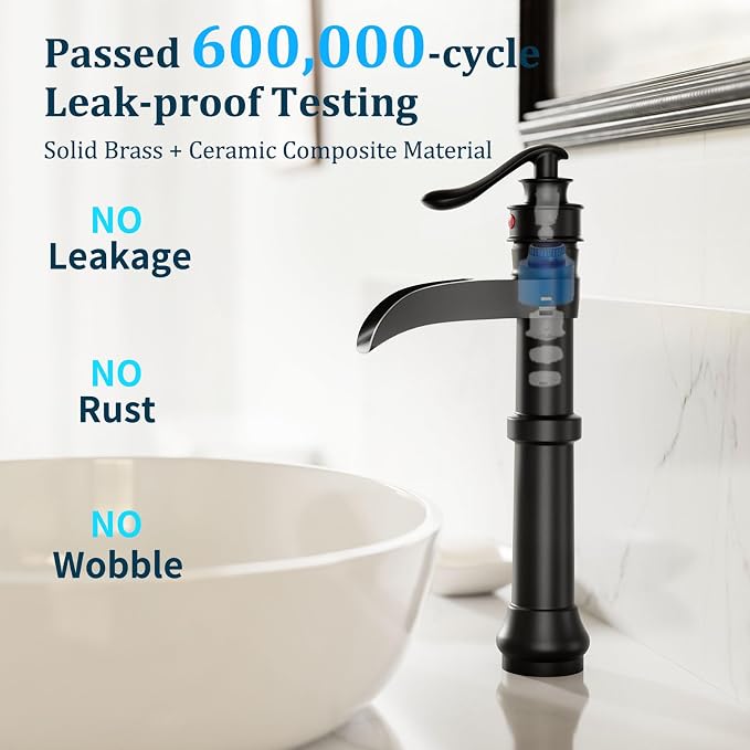 Matte Black Vessel Sink Faucet Brass Tall Waterfall Bathroom Faucet | Bathroom Sink Faucets Single Handle with Pop Up Drain Without Overflow and Supply Hoses Mixer Tap Deck Mount by BATHLAVISH