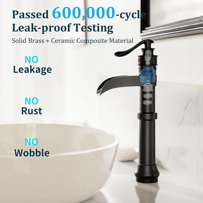Matte Black Vessel Sink Faucet Brass Tall Waterfall Bathroom Faucet | Bathroom Sink Faucets Single Handle with Pop Up Drain Without Overflow and Supply Hoses Mixer Tap Deck Mount by BATHLAVISH
