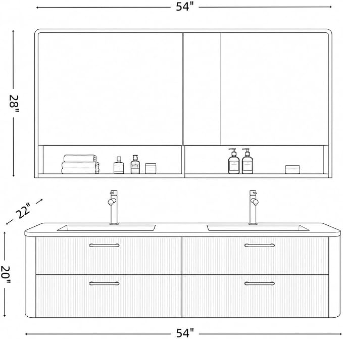54 in Double Bathroom Vanity with Sinks - Modern Floating Bathroom Vanity with Solid Wood Cabinet, Anti-Fog Mirror and Integrated Stone Sinks | Wall Mounted Design | Ample Storage