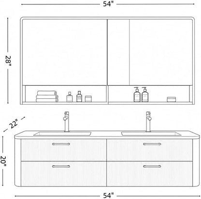 54 in Double Bathroom Vanity with Sinks - Modern Floating Bathroom Vanity with Solid Wood Cabinet, Anti-Fog Mirror and Integrated Stone Sinks | Wall Mounted Design | Ample Storage