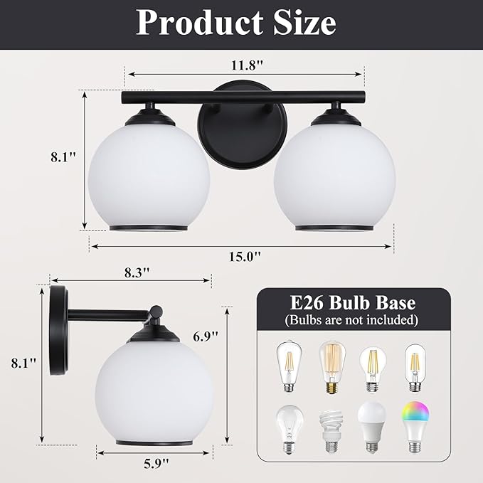 Milk Glass Bathroom Vanity Light Over Mirror, 2 Light Matte Black Bathroom Light Fixtures with Frosted Globe Glass Shade, Modern Vanity Lighting Wall Mounted