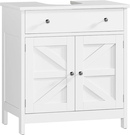 TEENFON Pedestal Sink Storage Cabinet with 2 Barn Doors and Drawer, Bathroom Sink Cabinet with U-Shape Cut-Out, Pedestal Sink Cabinet, White