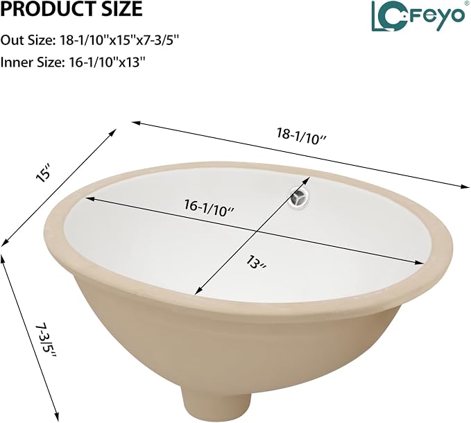 Undermount Bathroom Sink, 18''x15'' Oval Undermount Bathroom Sink White Porcelain Ceramic Bathroom Vessel Sink Under Counter Vanity Sink Bowl Lavatory Basin, inner dimension 16" x 13"