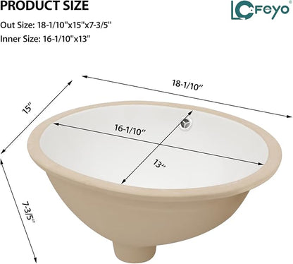 Undermount Bathroom Sink, 18''x15'' Oval Undermount Bathroom Sink White Porcelain Ceramic Bathroom Vessel Sink Under Counter Vanity Sink Bowl Lavatory Basin, inner dimension 16" x 13"