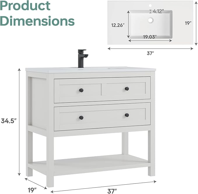 36 Inch Bathroom Vanity with Sink, White | Farmhouse Storage Cabinet with SMC Integrated Sink, Drawers & Open Storage Shelf, Easy Assembly, Adjustable Feet