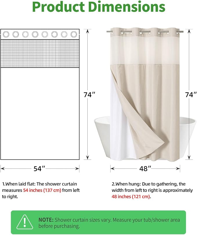 eachope No Hook Linen Texture Shower Curtain with Snap-in Liner,54x74 Cream | 230GSM Thick Fabric,Hotel Luxury Decor,Mesh Top Window,Waterproof & Machine Washable,for Shower Stall or Bathroom