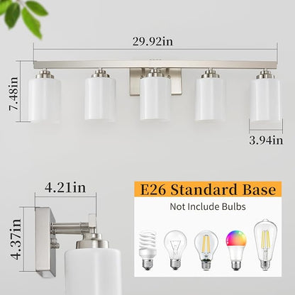 Bathroom Light Fixtures, Vanity Light Over Mirror Nickel 5-Light Fixture | Modern bathroom vanity light fixture with metal frame, ideal for mirrors, bedrooms and hallways. Fits E26 bulbs.