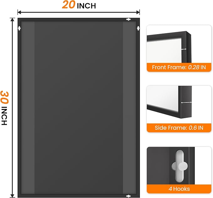Bathroom Vanity Mirror for Wall, 20"x30" Bathroom Mirror for Over Sink | HD Shatterproof Glass, Rectangular Metal Frame, Horizontally or Vertically, Mirror for Bathroom, Living Room, Entryway(Black)