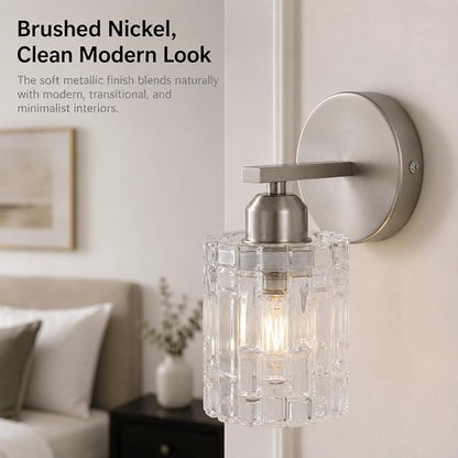 2-Pack Nickel Crystal Bathroom Vanity Lights, 1-Light Wall Sconce Fixture for Over Mirror, Modern Wall Mount for Bathroom, Bedroom, Hallway