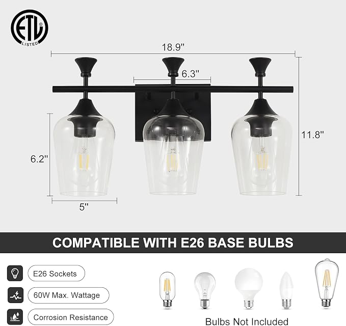 Bathroom Light Fixtures (3-Light, 19 Inch), Matte Black Vanity Lights for Bathroom with Clear Wine Glass Glass Shade, Modern Vanity Wall Lights for Mirror Bedroom Living Room Kitchen Hallway Porch